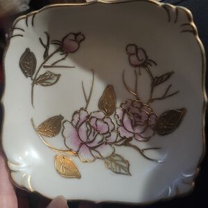 Hand Painted Gold Pink Rose Flowers 5" Square Candy Dish